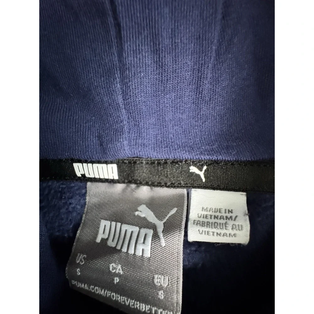Puma Sweater Mens Size Small‎ Blue White Spell Out Logo Pullover Hoodie